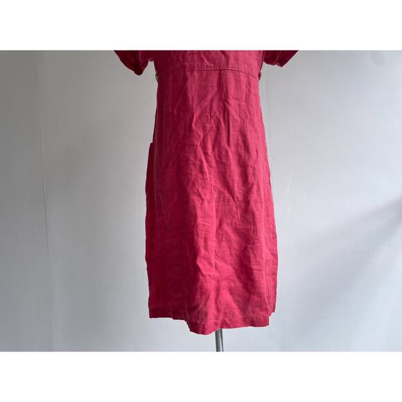 Vintage 90's Red Linen Dress / Sz 8 / Minimal Natural Button Up Collared - Picture 6 of 7
